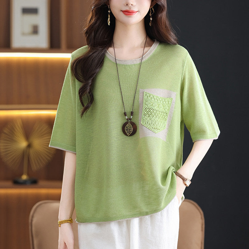 Flattering tummy-hiding ice silk knit t-shirt – full front view