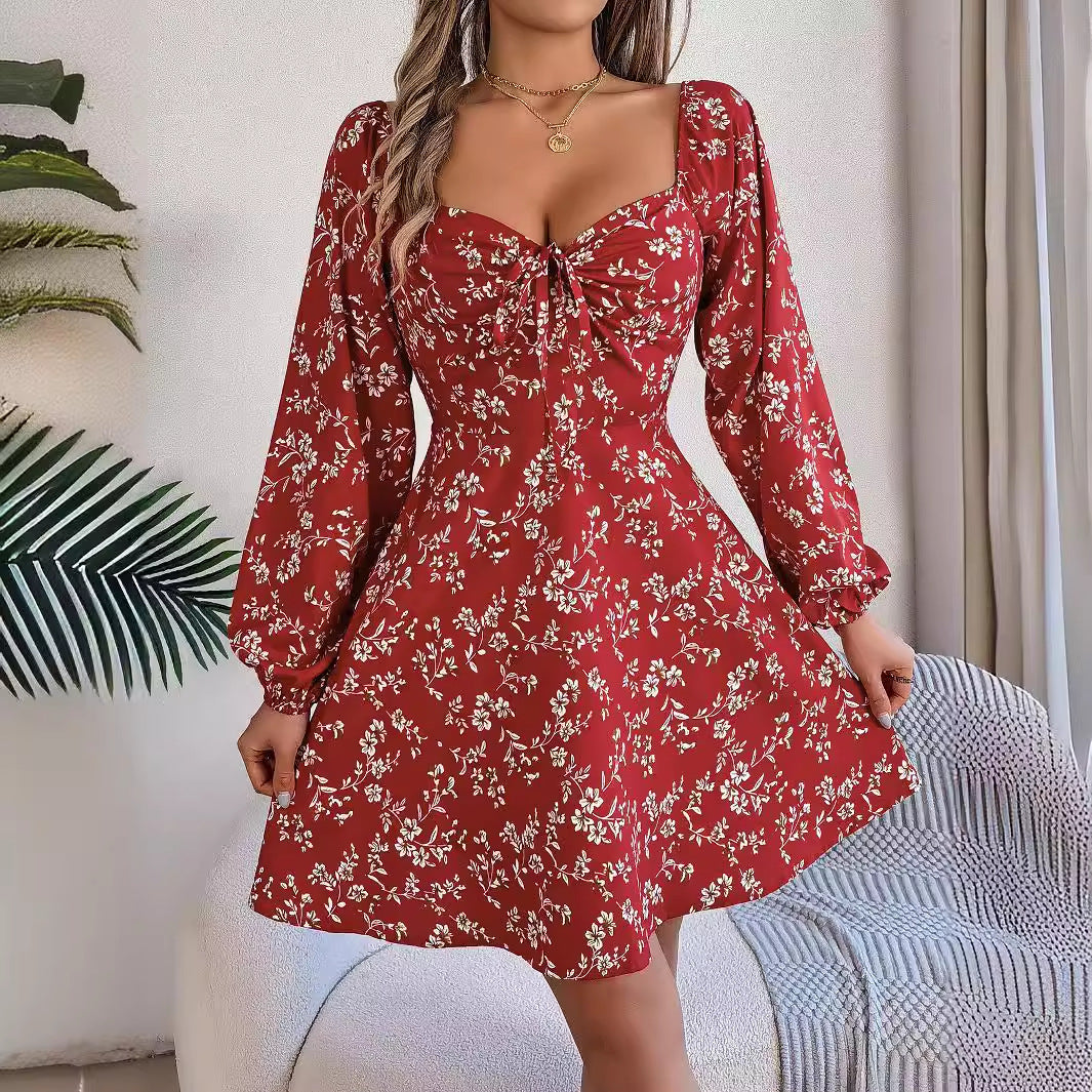 Floral Print Lantern Sleeve A-Line Dress – Tie-Waist Square Neck - product photo 7 of 8