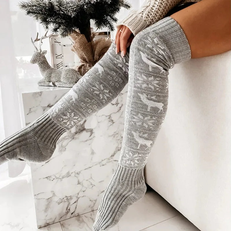 Winter Christmas Warm Knitted Over-the-Knee Stockings – Elk & Snowflake Jacquard - product photo 6 of 8
