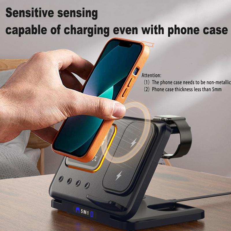 Wireless charging stand shown fast-charging a smartphone at 15W