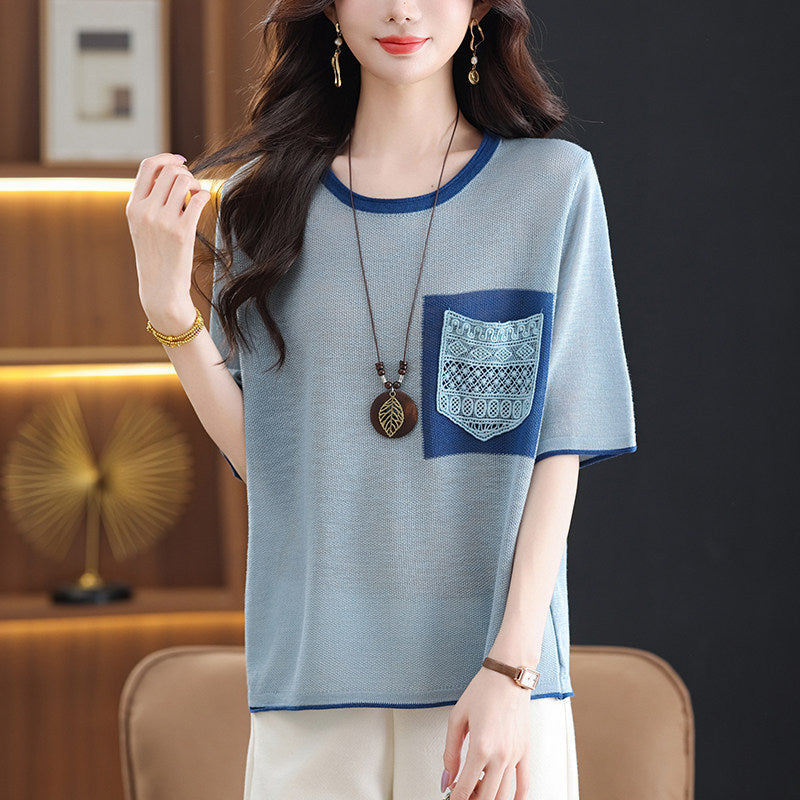 Flattering tummy-hiding ice silk knit t-shirt – relaxed fit side view