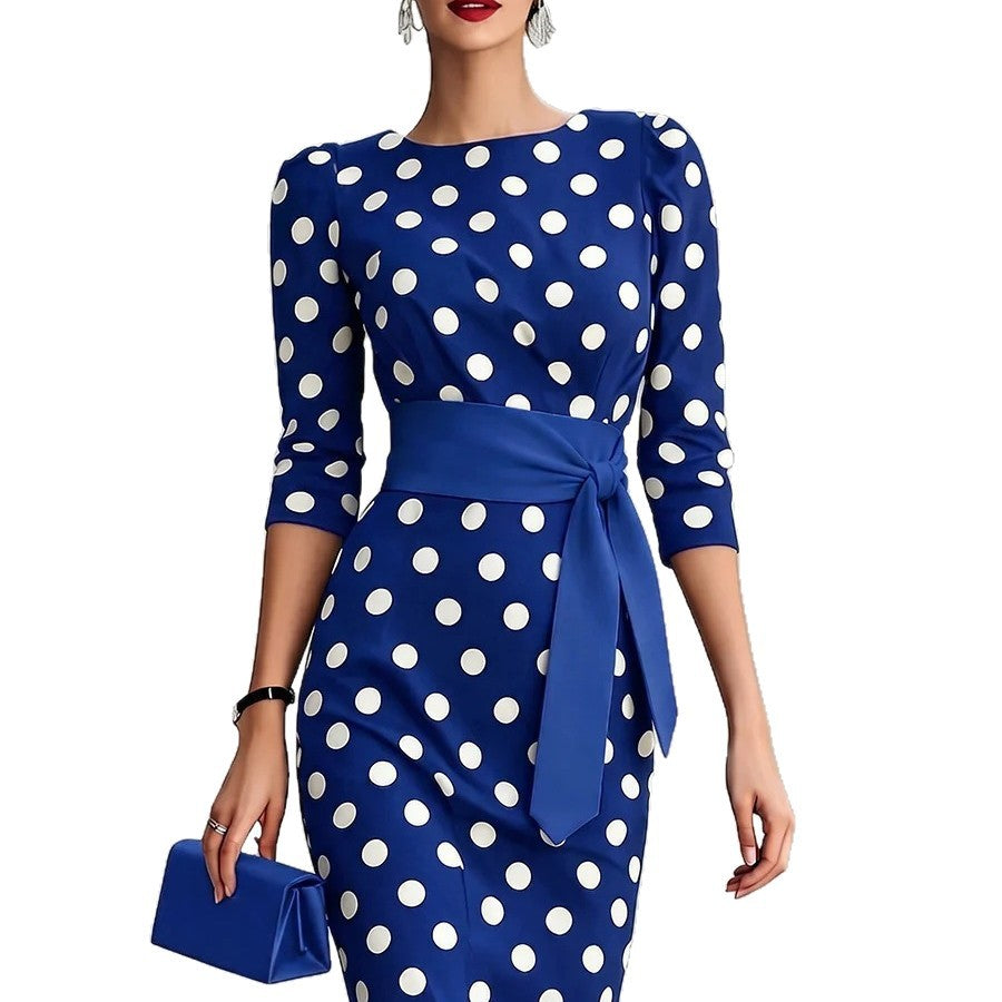 Polka Dot Pencil Midi Dress – Waist Belt, O-Neck Formal Office Wear - product photo 5 of 8
