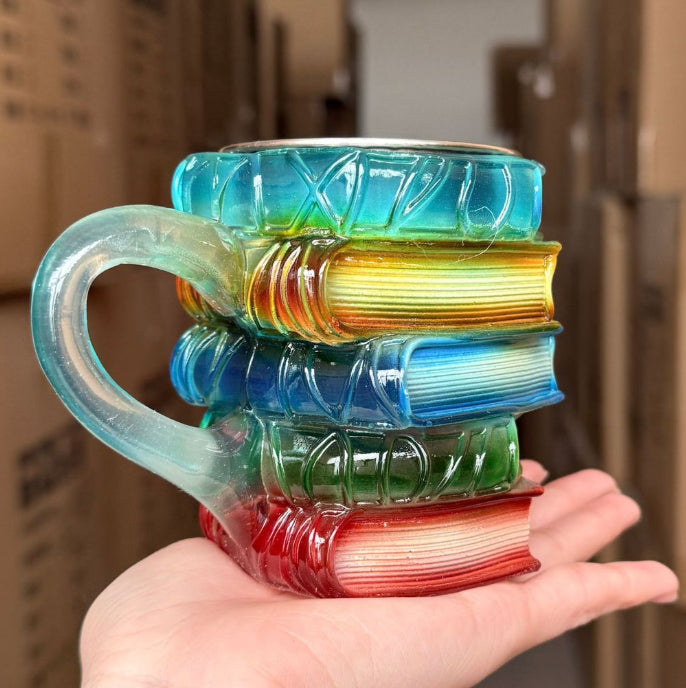 3D book stack mug, book spine color detail