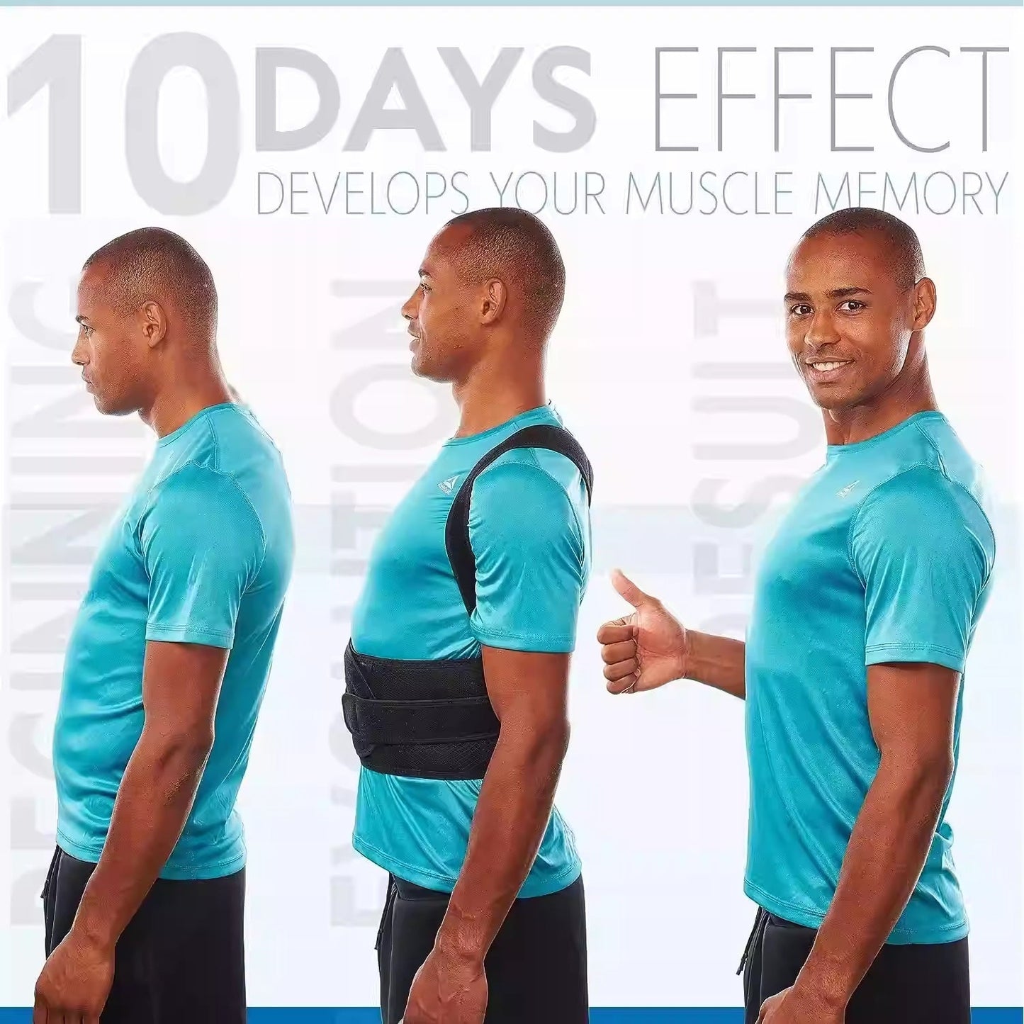 Posture corrector back brace worn on model, rear view