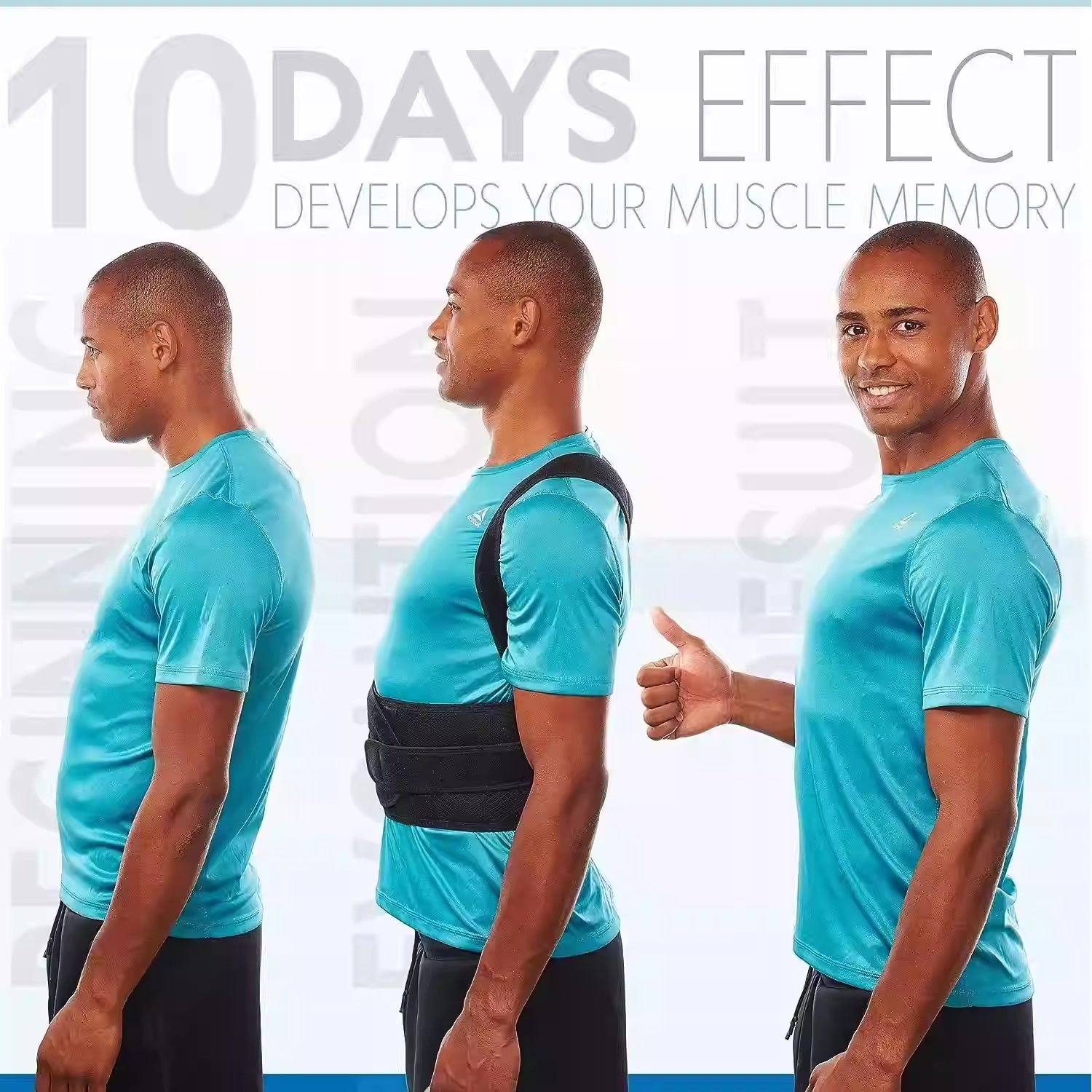 Posture corrector back brace worn on model, rear view