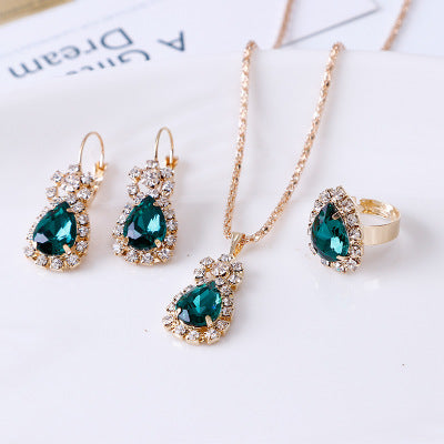 Water drop rhinestone jewelry set – necklace, earrings, and ring full set view