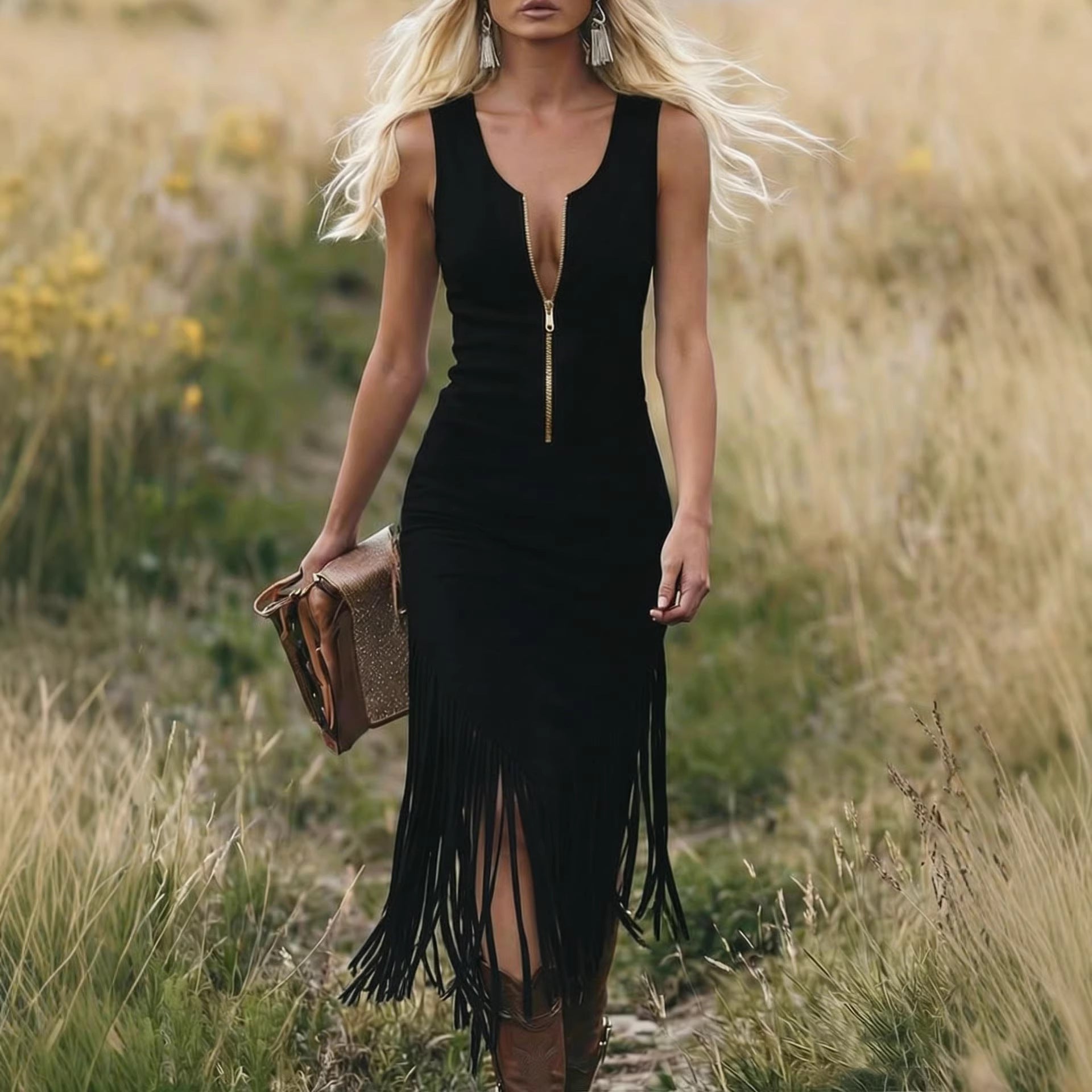 Western Cowboy Slim-Fit Tassel Hemline Sleeveless Dress – photo 5 of 12