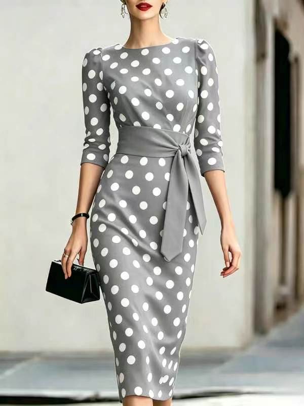 Polka Dot Pencil Midi Dress – Waist Belt, O-Neck Formal Office Wear - product photo 12 of 12