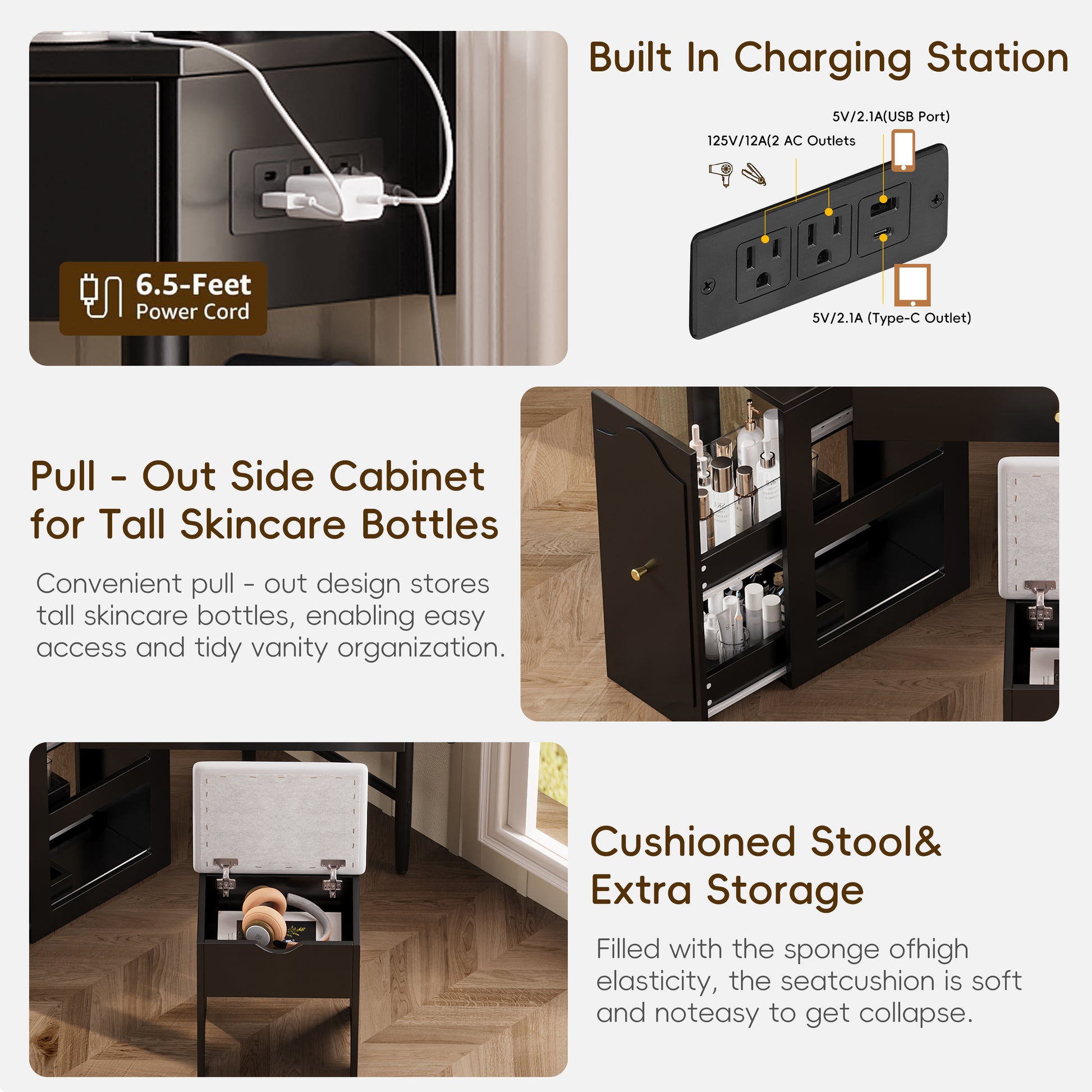Corner Vanity Desk Set with Cushioned Stool, Charging Station & Storage Cabinet - product photo 5 of 5