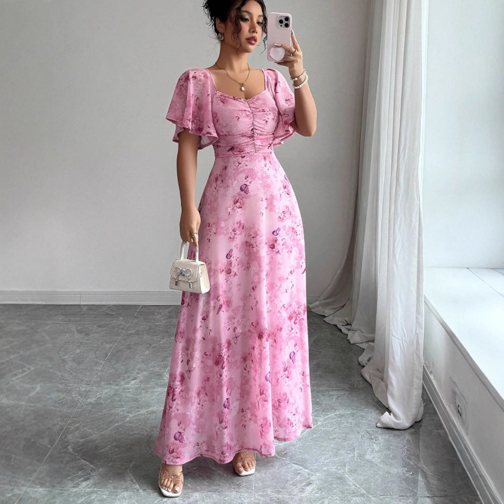 Floral lotus sleeve dress fabric close-up