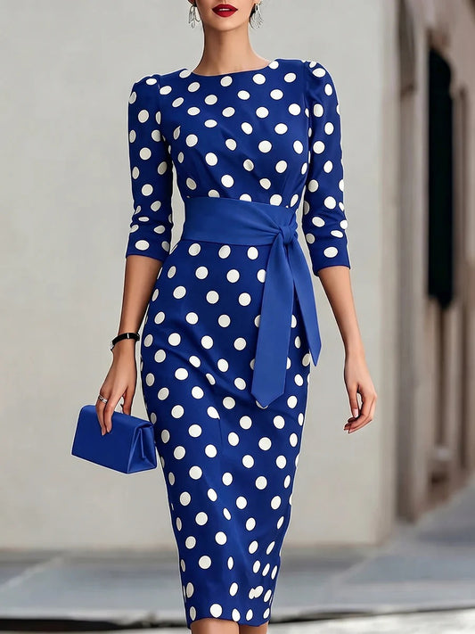 Polka Dot Pencil Midi Dress – Waist Belt, O-Neck Formal Office Wear - product photo 2 of 8