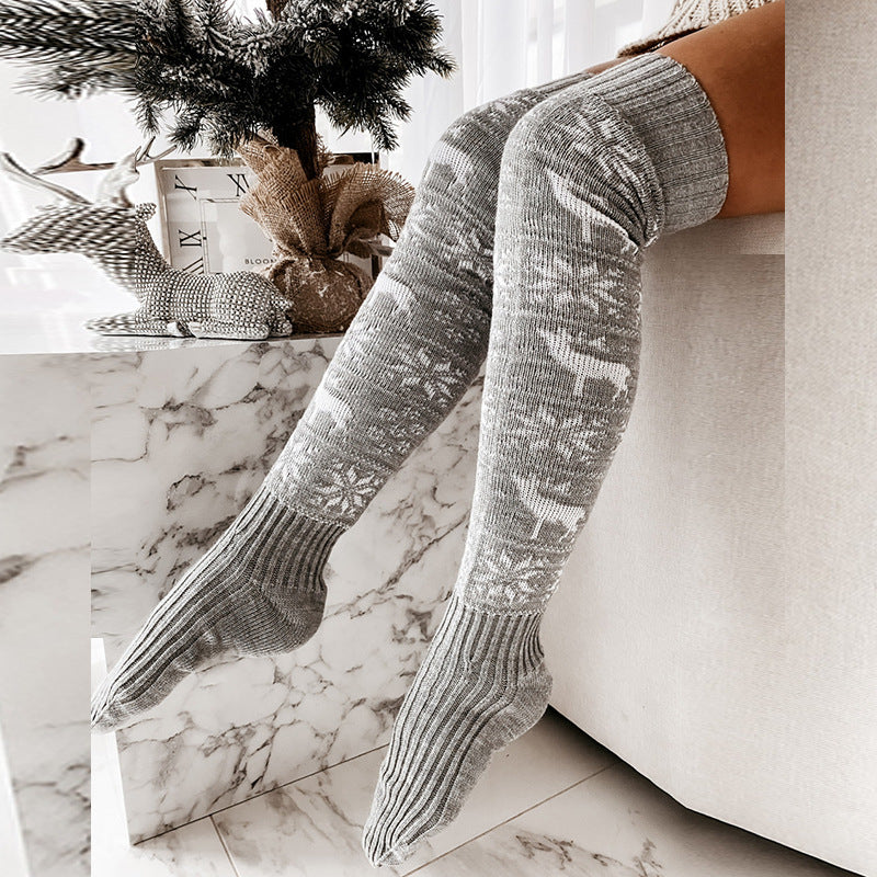 Winter Christmas Warm Knitted Over-the-Knee Stockings – Elk & Snowflake Jacquard - product photo 8 of 8