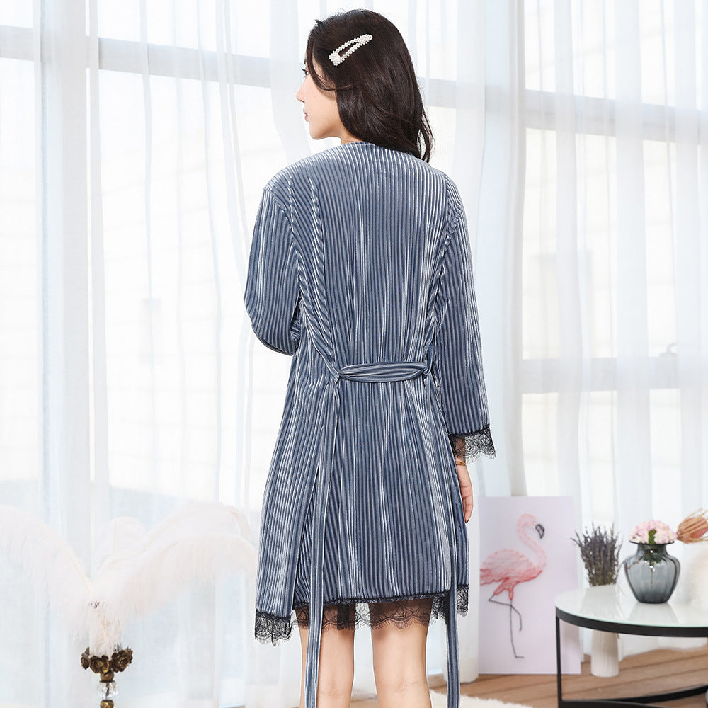 Women's Gold Velvet Long-Sleeve Lace Pajama Set - product photo 5 of 7