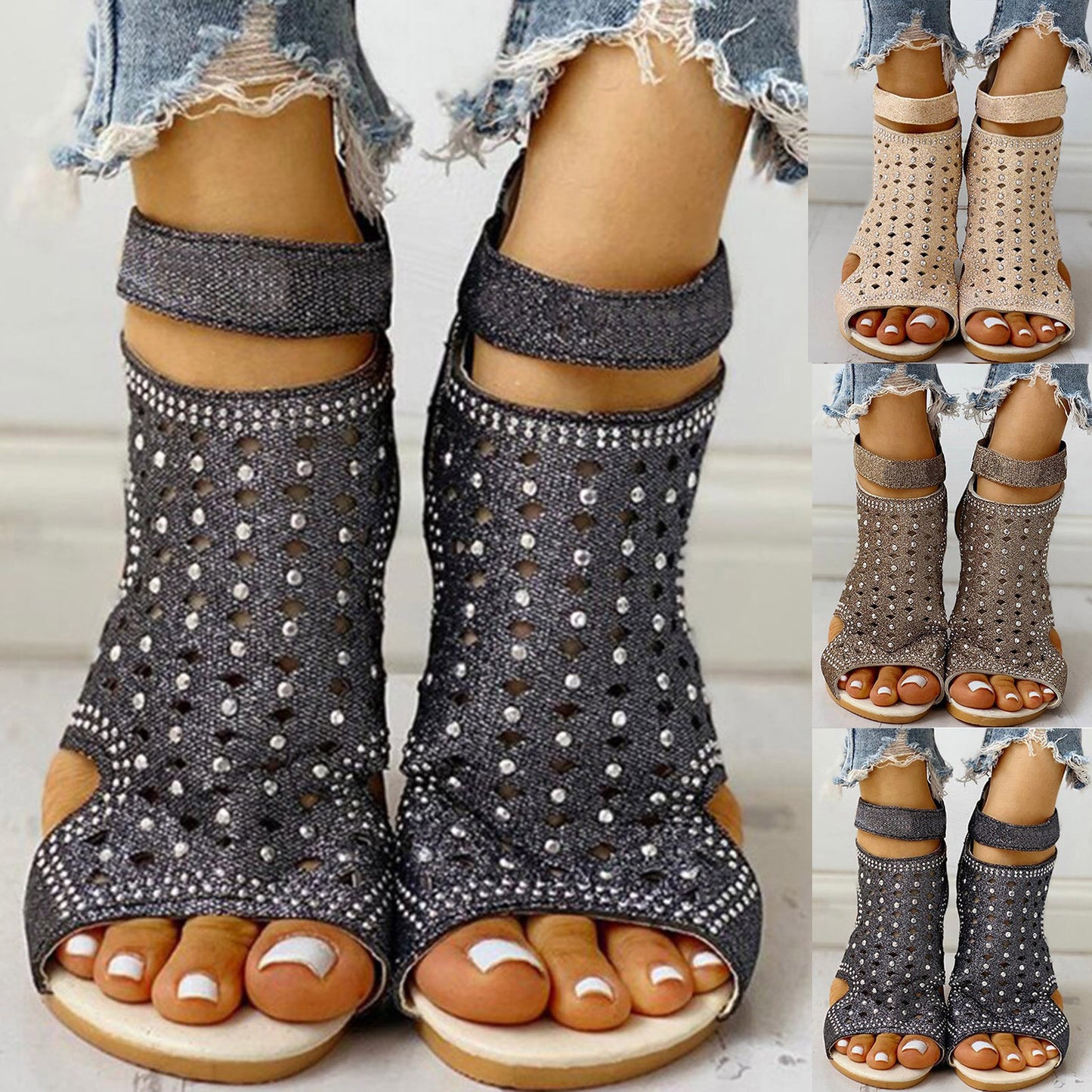 Rhinestone peep-toe Roman sandals with back zip - photo 4 of 7