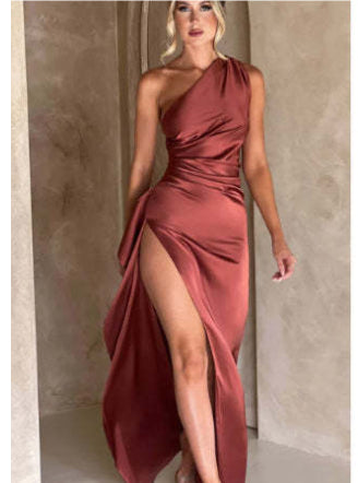 Sexy One-Shoulder Backless Slit Satin Dress - product photo 2 of 5