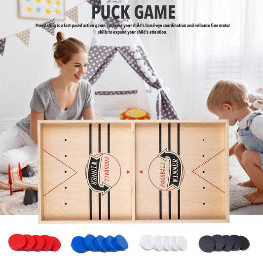 Wooden puck sling board game, closed
