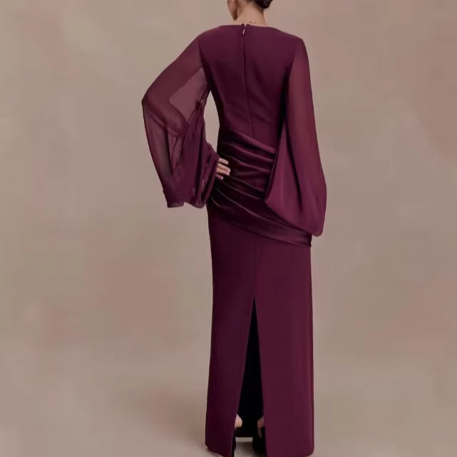 Deep purple two-piece dress with polka dot pattern and bow detail, long sleeve, high-waisted style