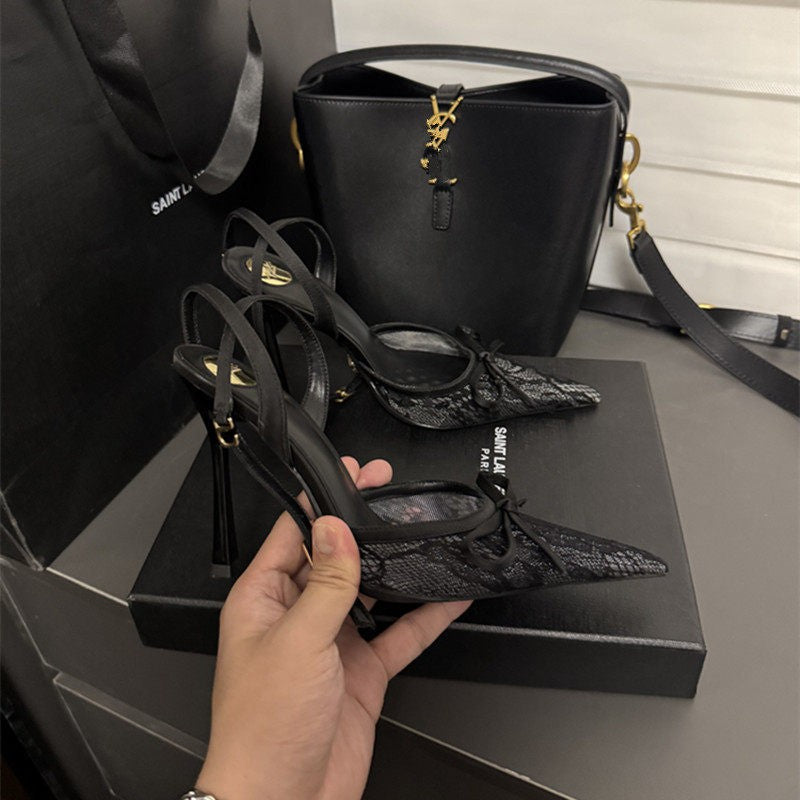 Women's black lace high heels with bow buckle