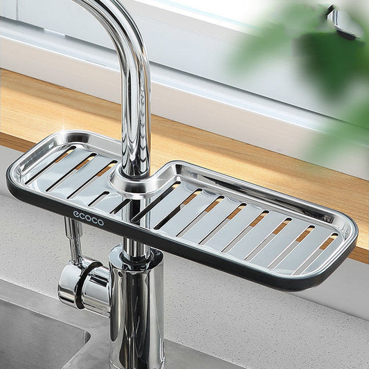Stainless steel clip-on faucet shelf, front view