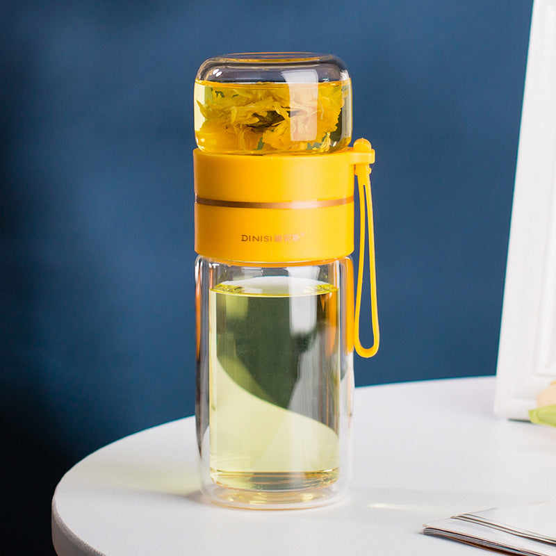Leakproof glass water bottle with carry rope