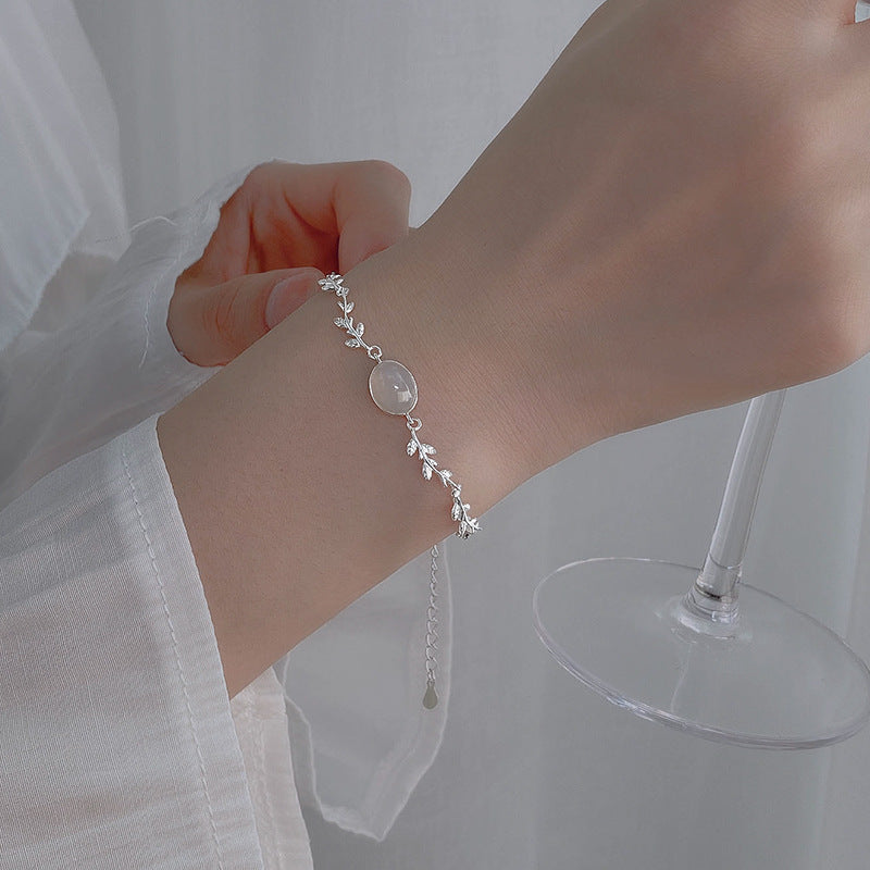S925 Sterling Silver Leaf Bracelet | Forest Series Gemstone Charm - product photo 4 of 6