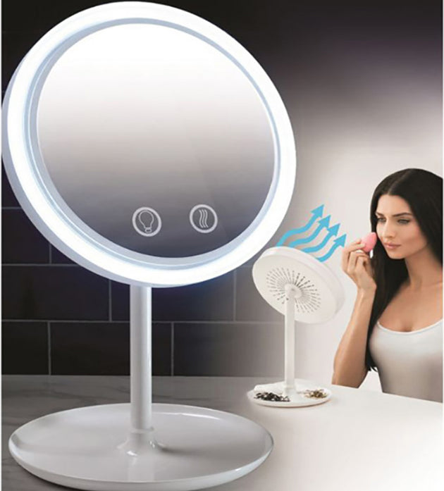 3-in-1 foldable LED makeup mirror with fan, front view