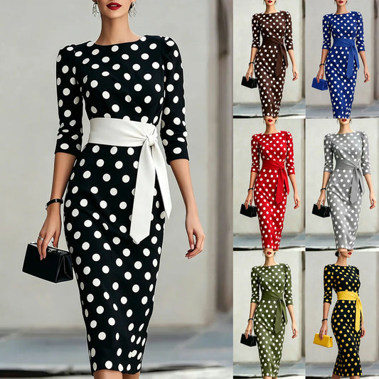 Polka Dot Pencil Midi Dress – Waist Belt, O-Neck Formal Office Wear - product photo 1 of 8