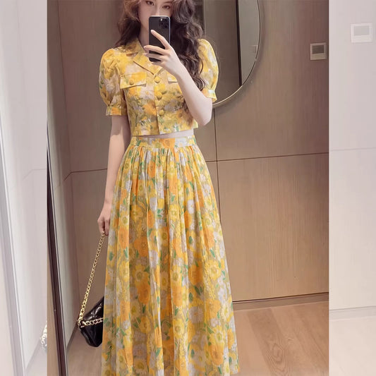 Yellow floral two-piece skirt set - main product photo