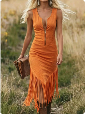 Western Cowboy Slim-Fit Tassel Hemline Sleeveless Dress – photo 12 of 12
