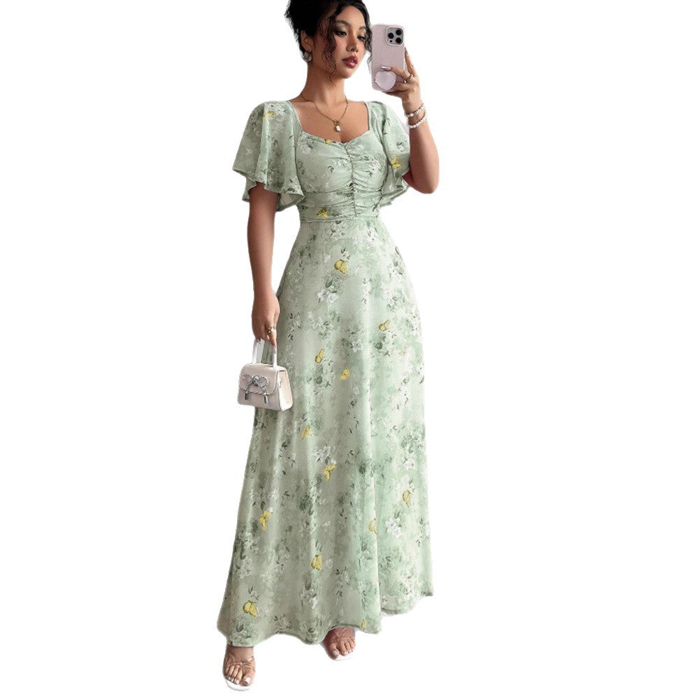 Floral lotus sleeve dress worn, front view