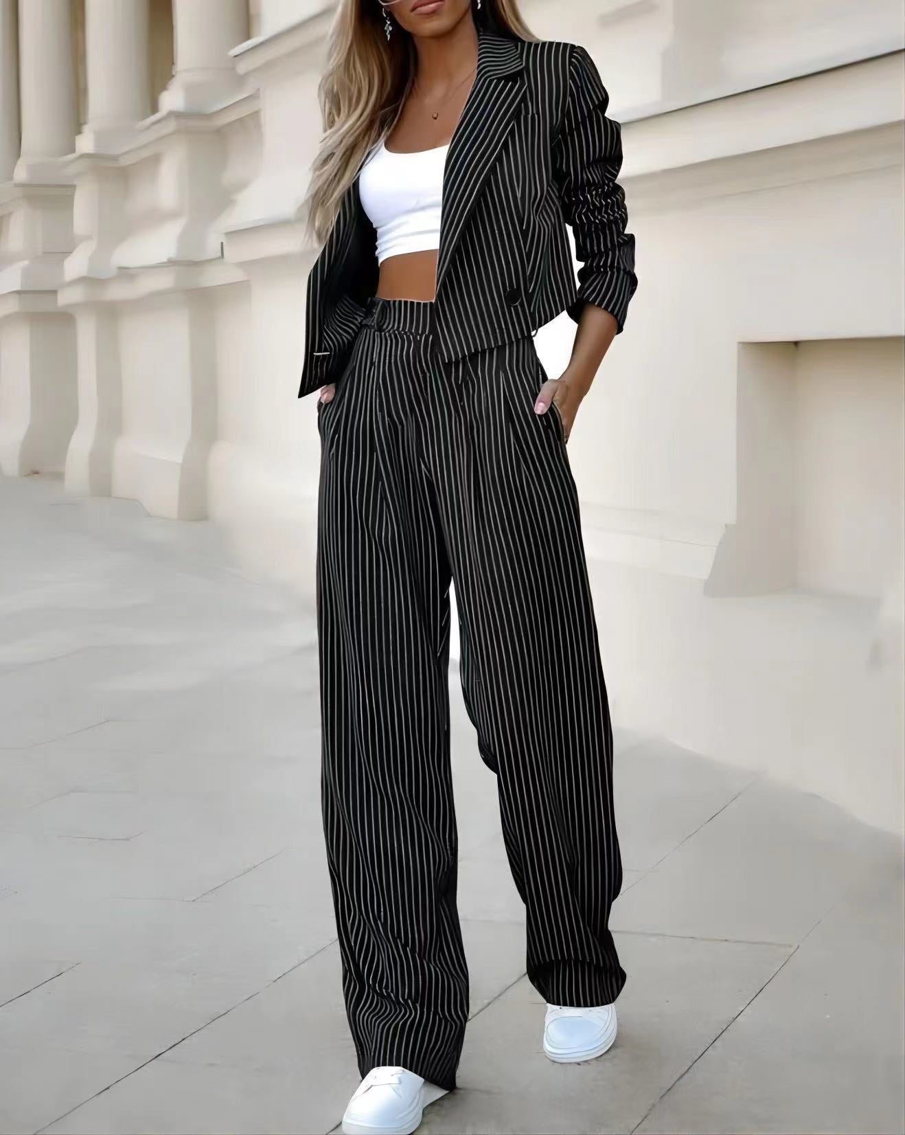 Women's Striped Two-Piece Set – Cropped Blazer Jacket & Wide-Leg Trousers - product photo 3 of 8
