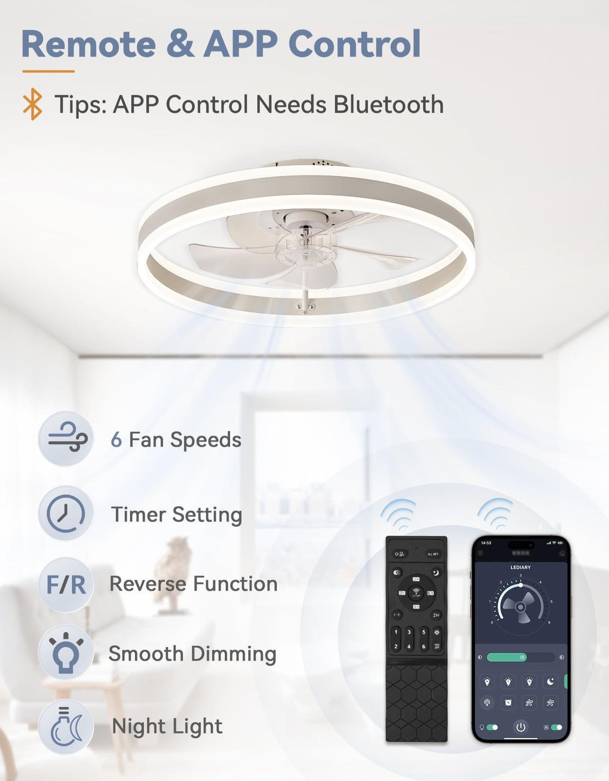 Large LED Ceiling Fan with Lighting – Adjustable 6-Speed Remote Control - product photo 3 of 5