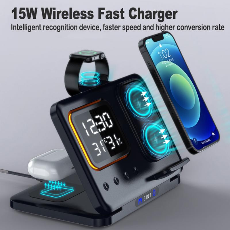 Wireless charging stand LED display showing time and alarm clock settings
