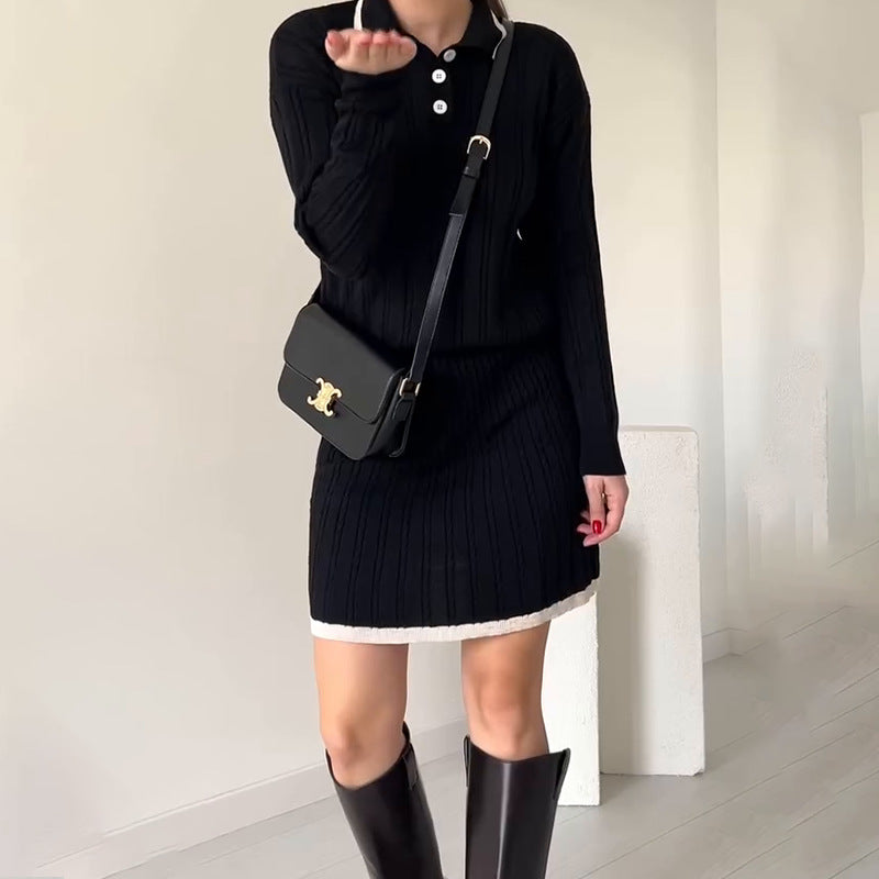 Polo-collar color-block patchwork mini skirt set - photo 2 of 9