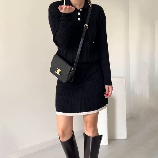Polo-collar color-block patchwork mini skirt set - photo 2 of 9