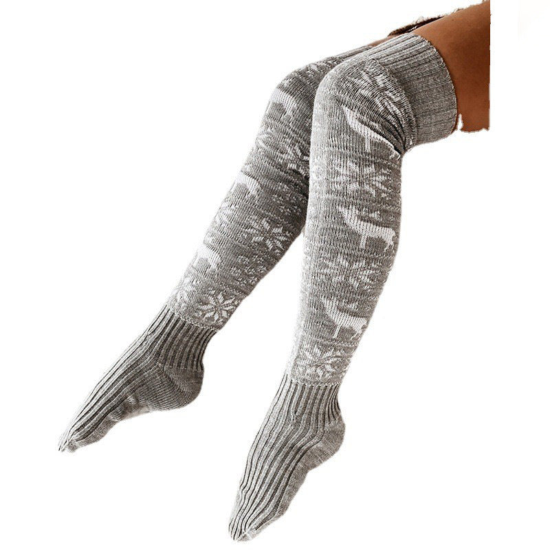 Winter Christmas Warm Knitted Over-the-Knee Stockings – Elk & Snowflake Jacquard - product photo 3 of 5