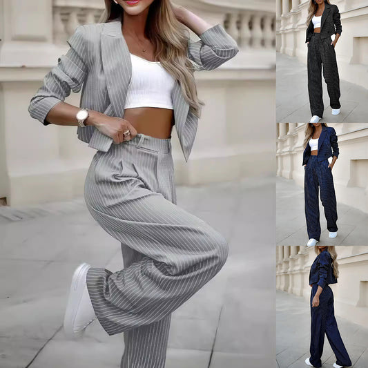 Women's Striped Two-Piece Set – Cropped Blazer Jacket & Wide-Leg Trousers - product photo 1 of 8