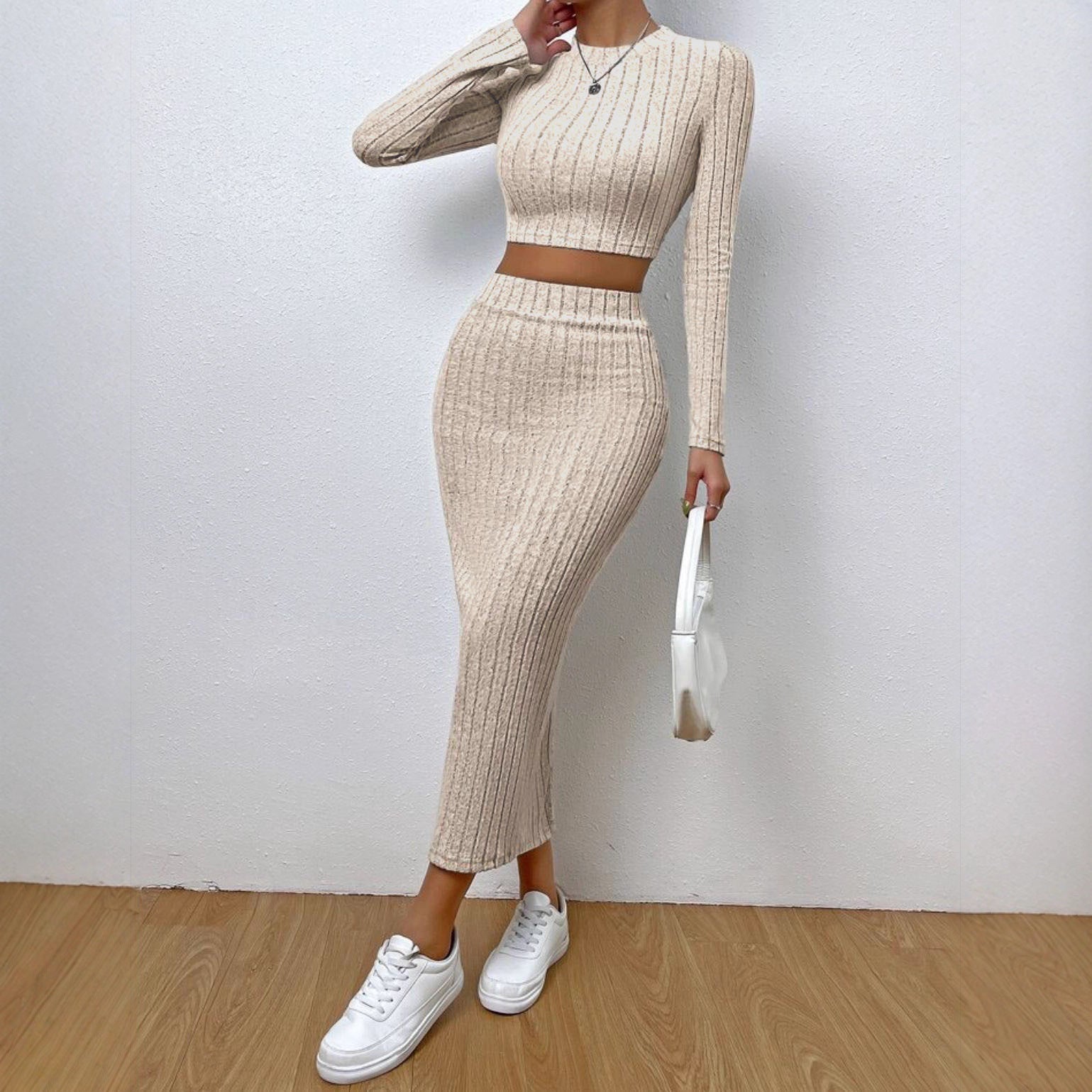 Women's crew neck long sleeve knit sheath dress two-piece set - main view