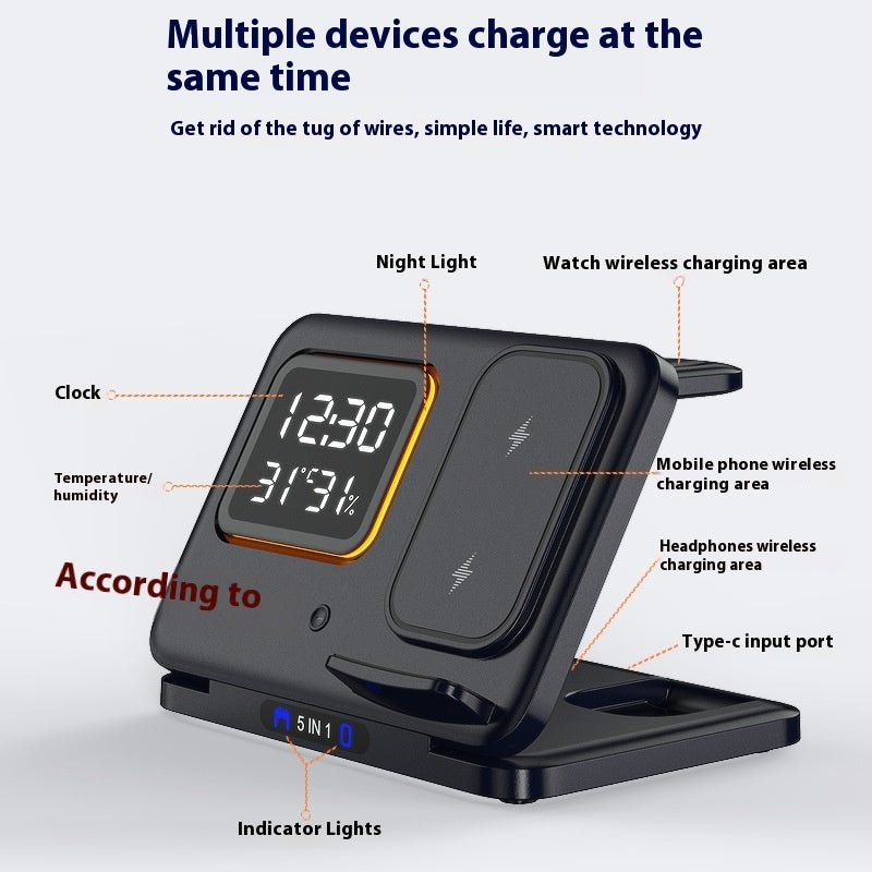 Wireless charging stand with earbuds charging case, side view