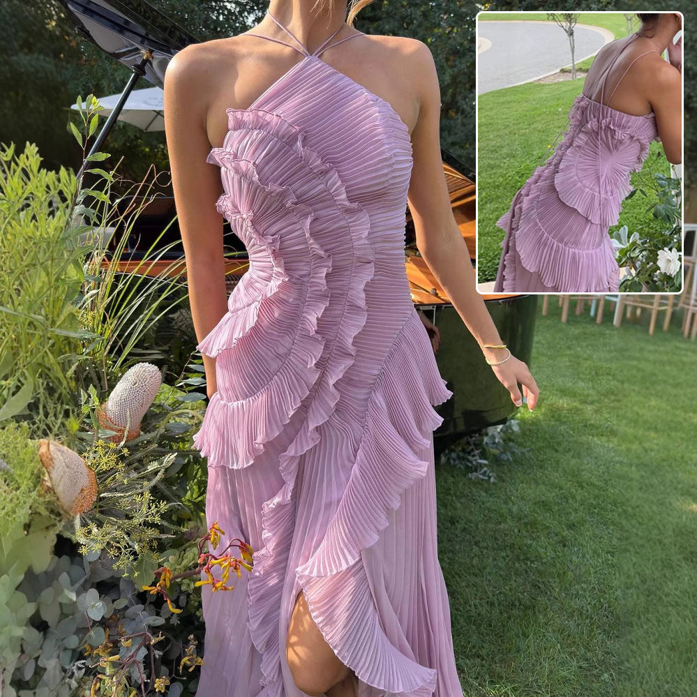 Ruffled halterneck pleated evening party dress