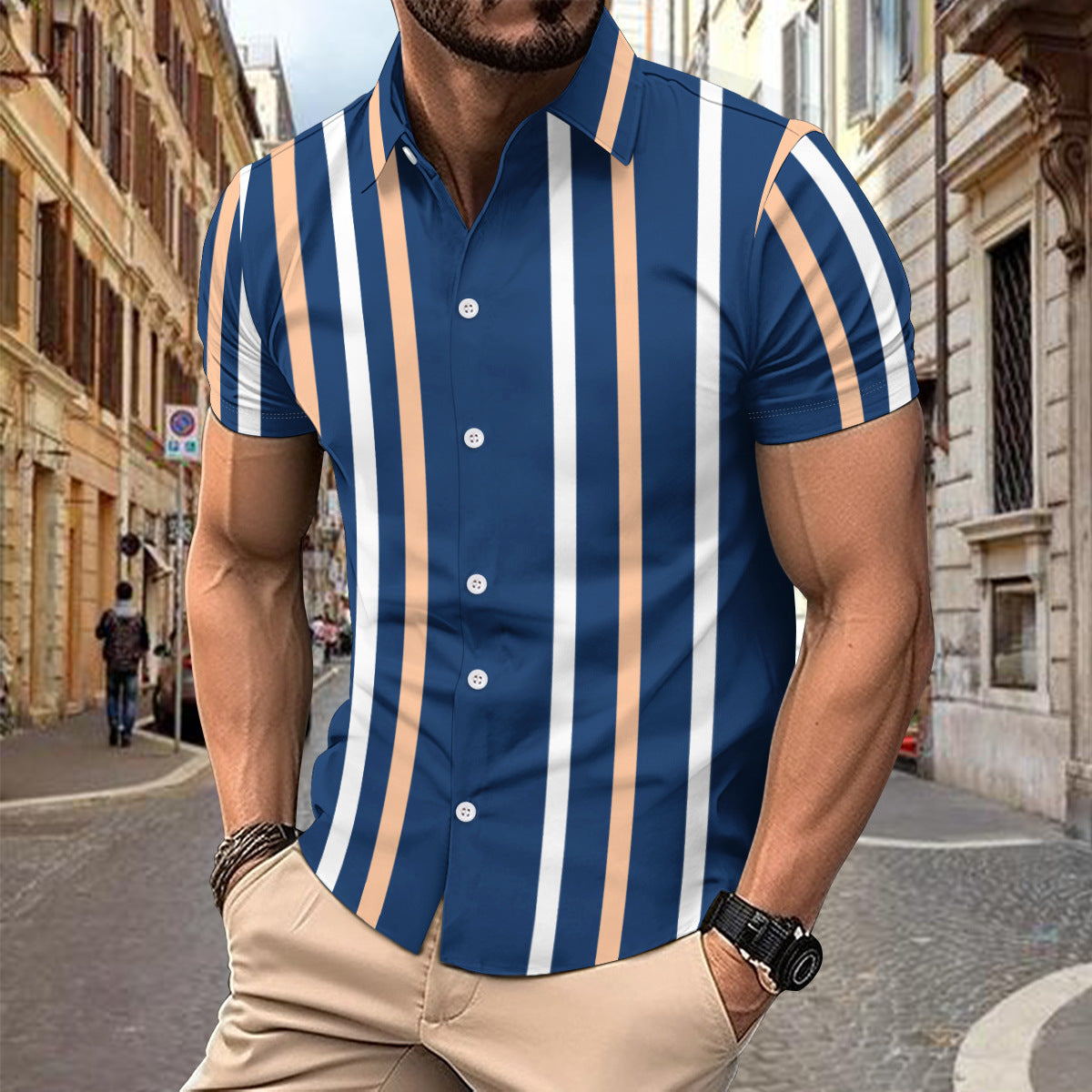 Men's Casual Striped Short Sleeve Button-Up Shirt - product photo 5 of 6