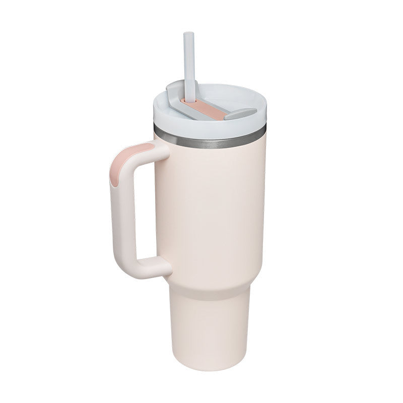 40oz insulated stainless steel tumbler with handle and straw, color option 28