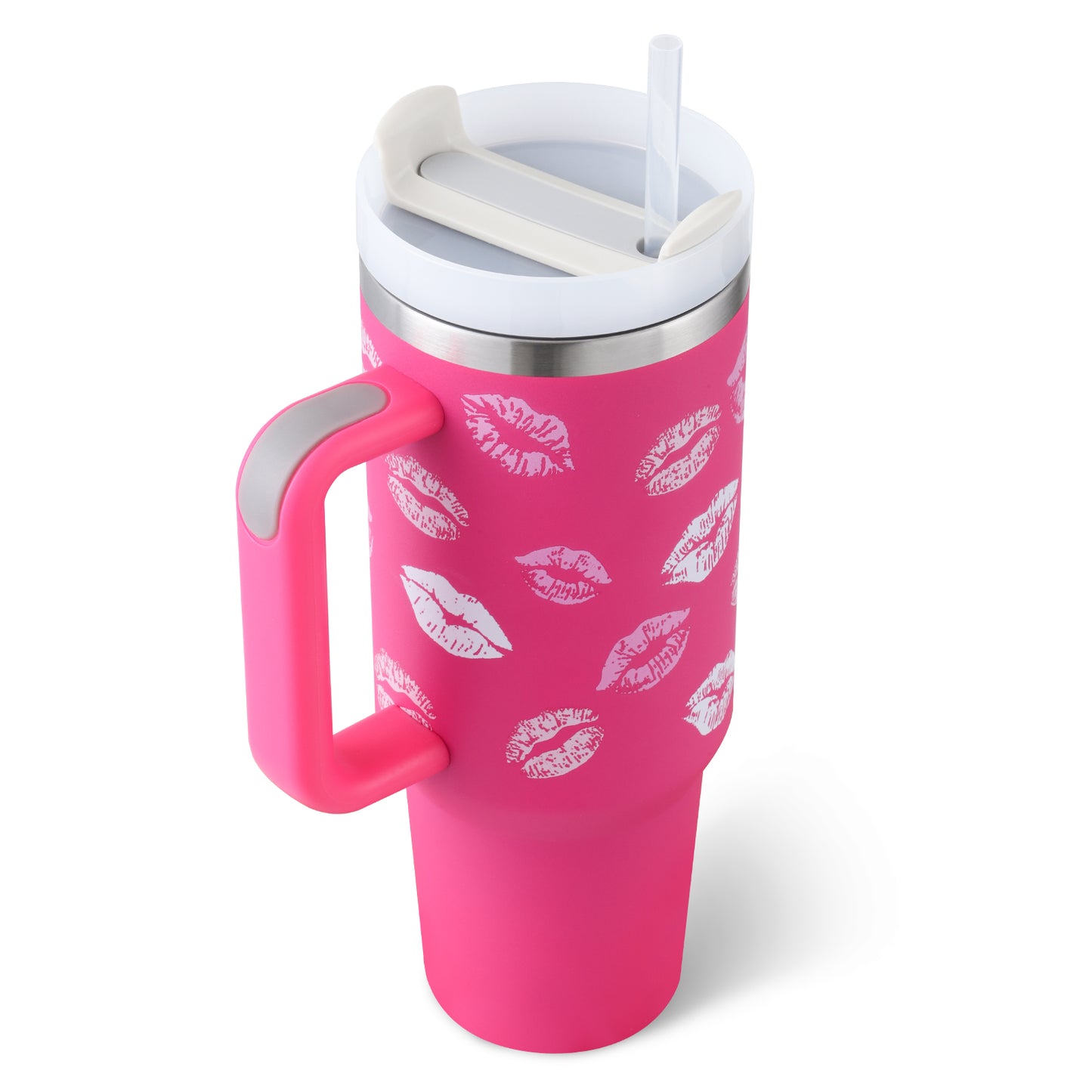 40oz insulated stainless steel tumbler with handle and straw, color option 27