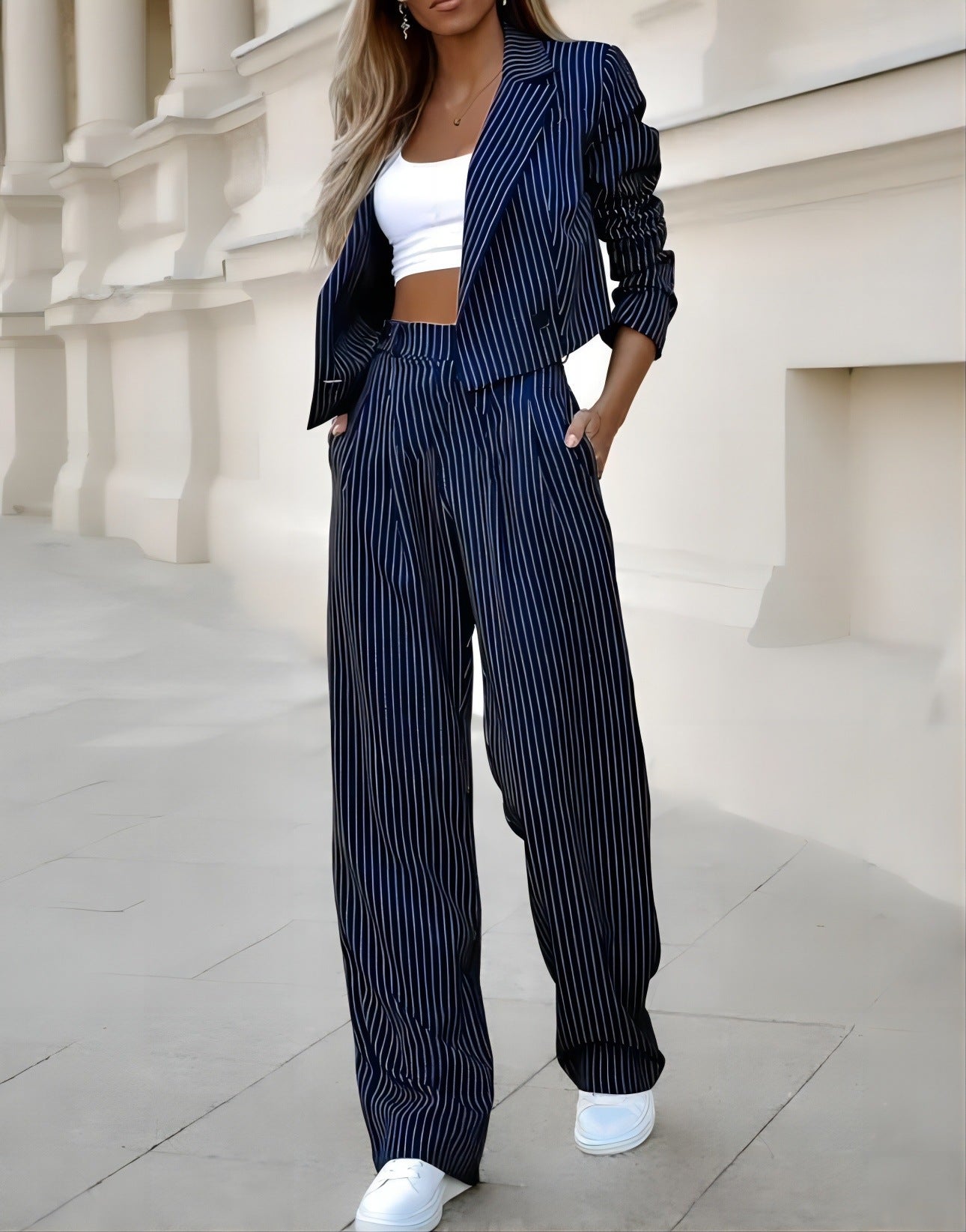 Women's Striped Two-Piece Set – Cropped Blazer Jacket & Wide-Leg Trousers - product photo 7 of 8
