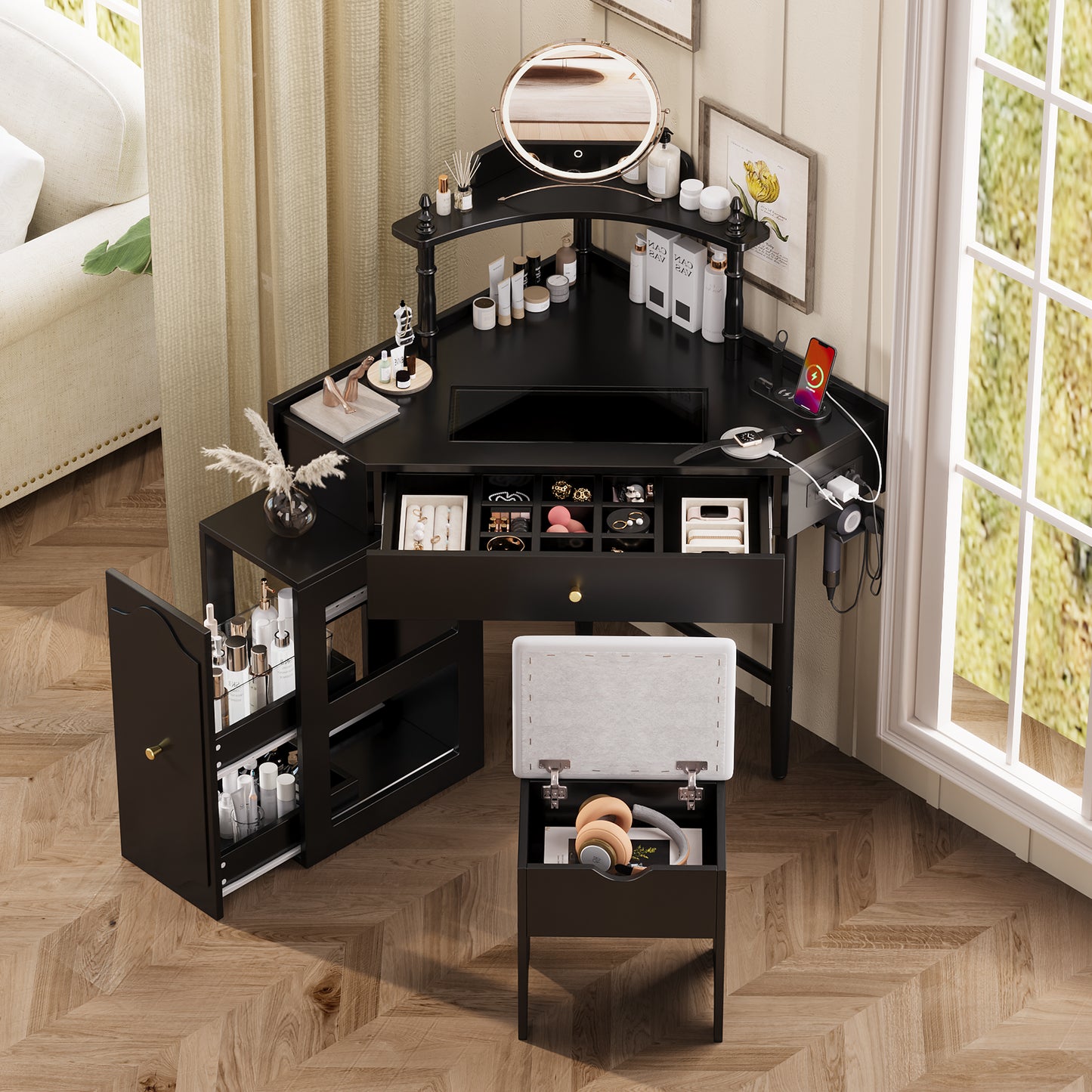Corner Vanity Desk Set with Cushioned Stool, Charging Station & Storage Cabinet - product photo 2 of 5