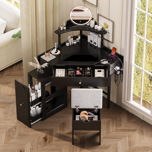 Corner Vanity Desk Set with Cushioned Stool, Charging Station & Storage Cabinet - product photo 2 of 5