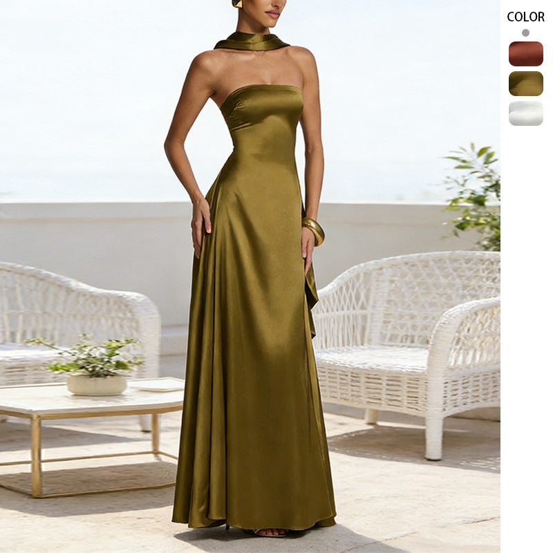 Backless tube top waist-cinching evening gown