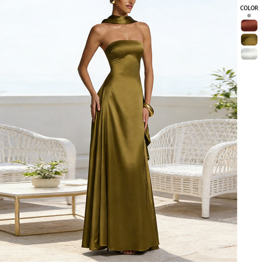 Backless tube top waist-cinching evening gown
