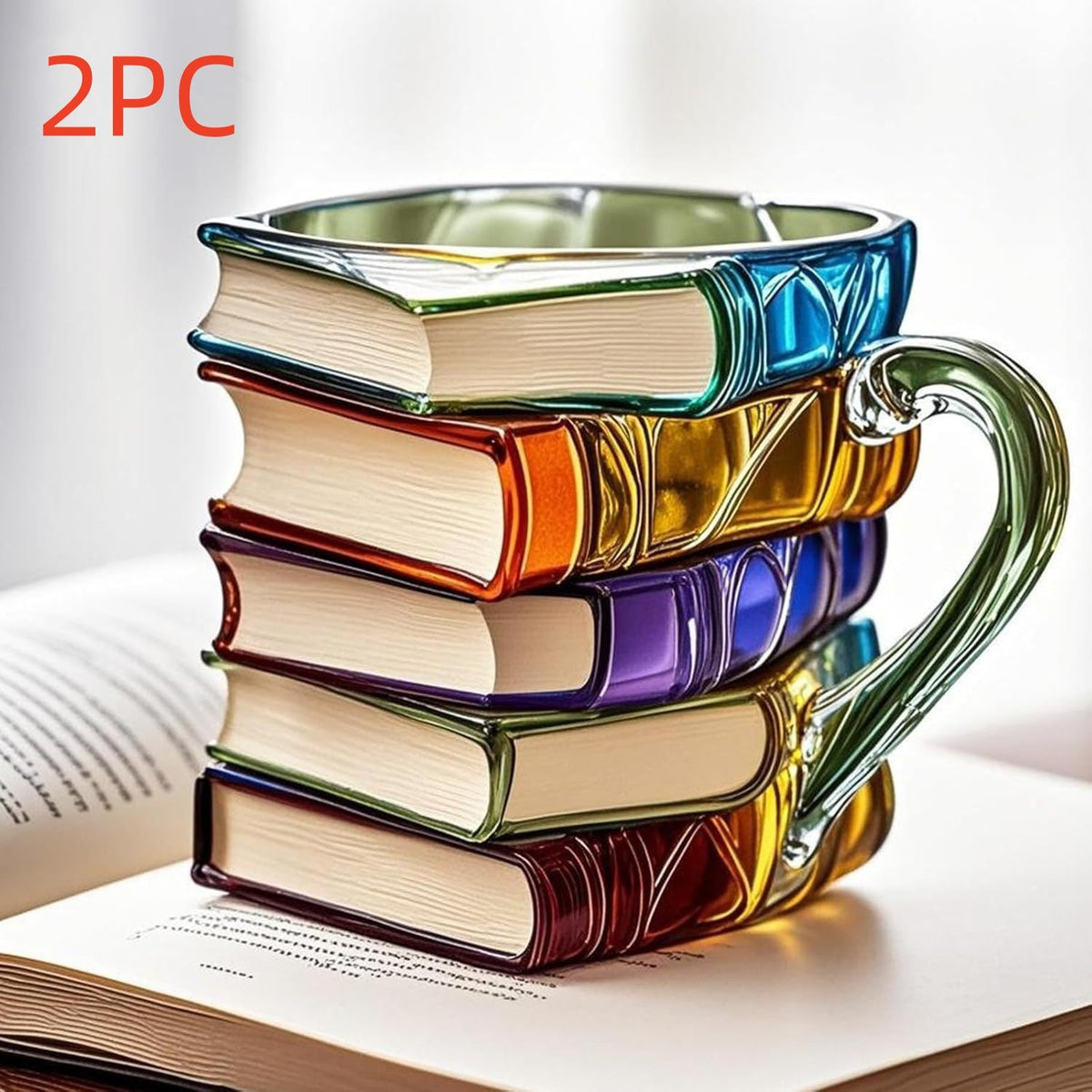 3D book stack mug shown on a desk as decor
