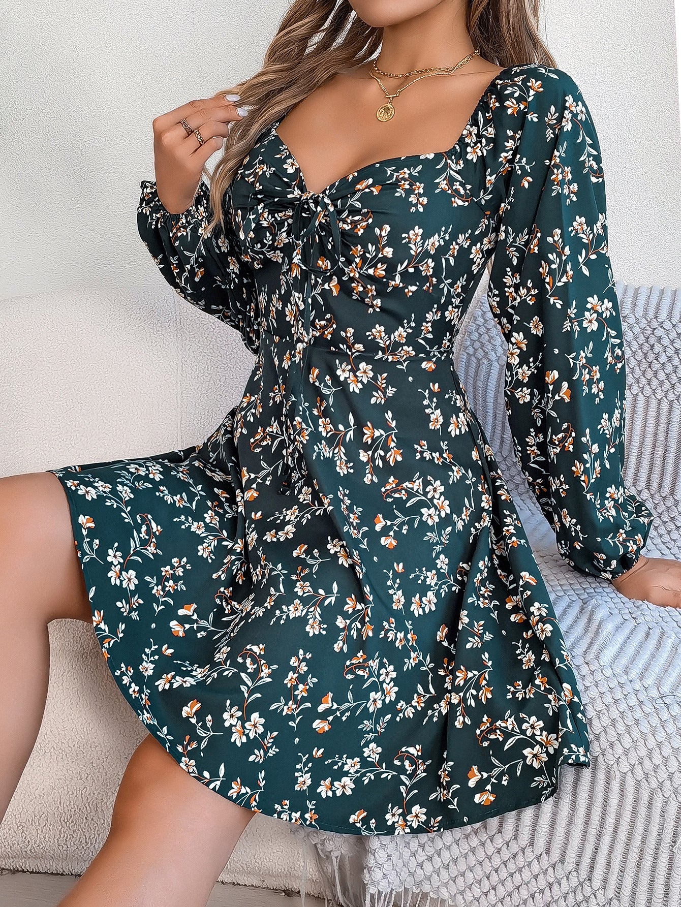 Floral Print Lantern Sleeve A-Line Dress – Tie-Waist Square Neck - product photo 5 of 8
